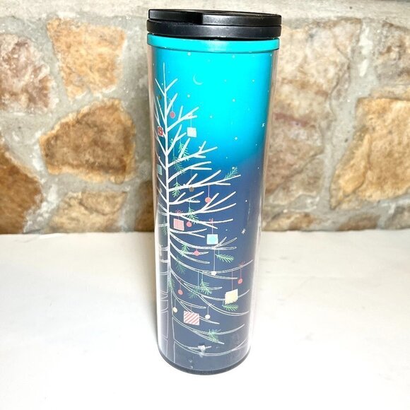 STARBUCKS Holiday Teal Christmas Tree 16 oz Travel Tumbler - Picture 1 of 4